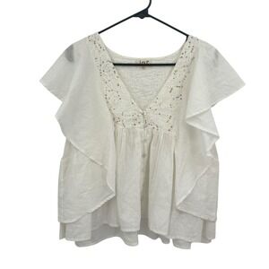 Boho Embroidered Beaded Cotton Blouse M/L Ivory‎ Flutter Sleeve Cottage Romantic